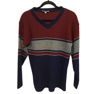 Vintage Arielle Sweater 90's Small, Red Blue Gray Stripe Knit V Neck